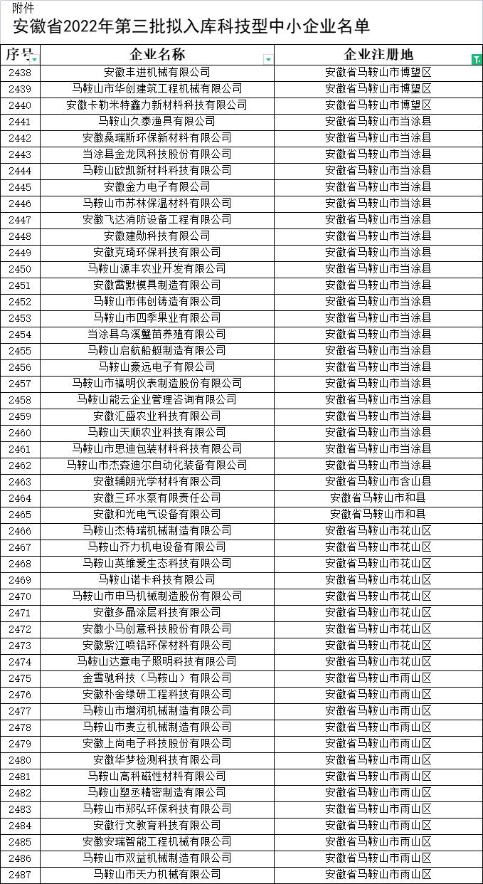 馬鞍山市科技型中小企業(yè)公示名單