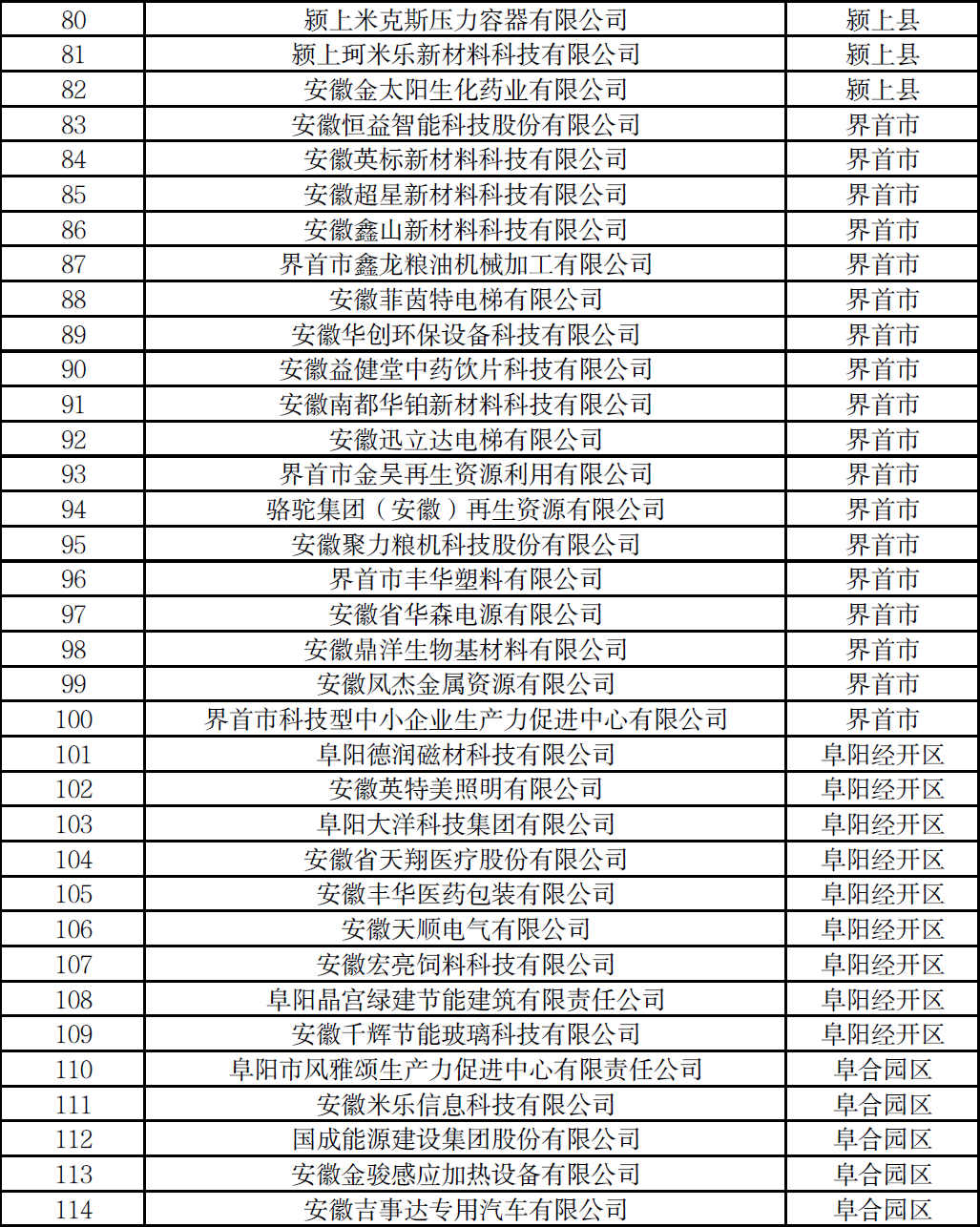 阜陽市創(chuàng)新型中小企業(yè)名單
